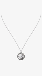 Silver necklace with a round pendant on a white background