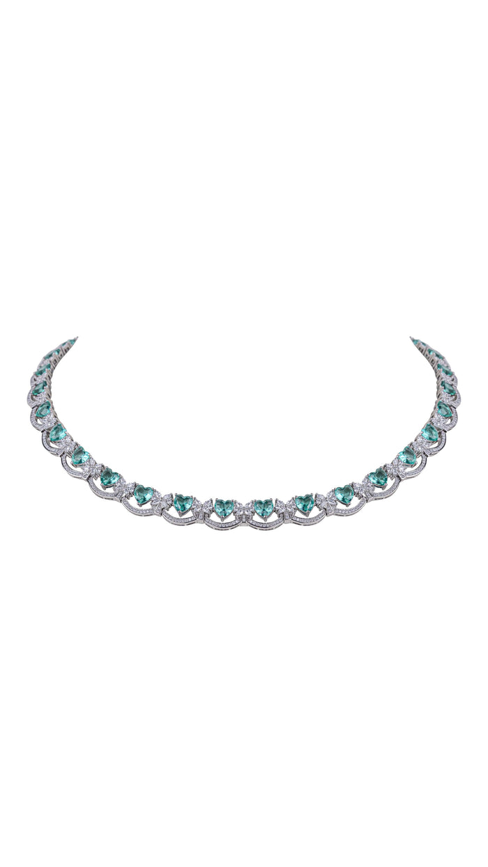 Aquamarine Heart Crystal 925 Silver Tennis Necklace for Women