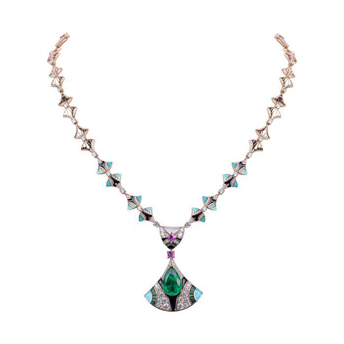 Enamel and Emerald Green Pendant 925 Silver Collar Necklace for Women