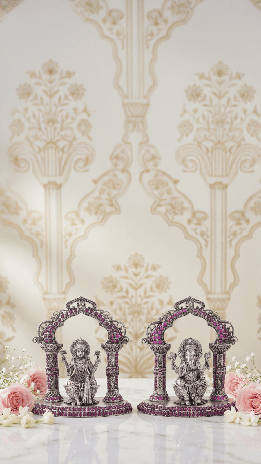 925 Silver Lakshmi Ganesha Set with Ruby Accents
