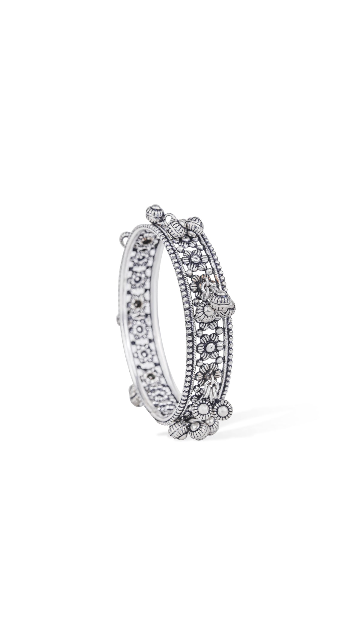 Oxidized Silver Floral Bangle