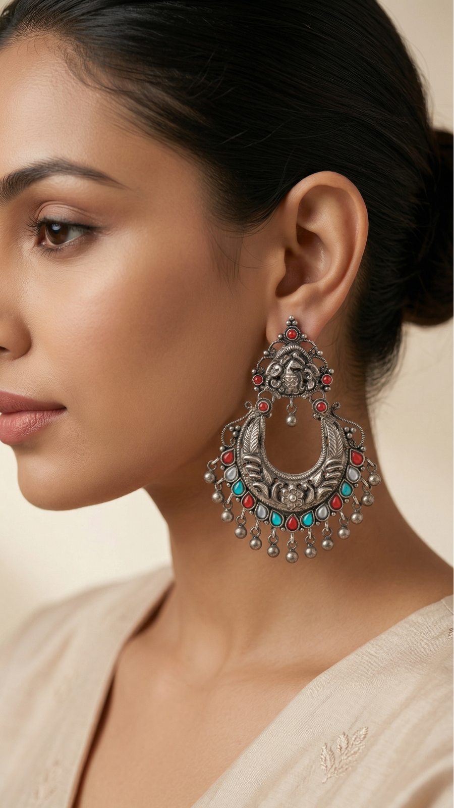 Turquoise Tribal Crescent 925 Silver Chandbali