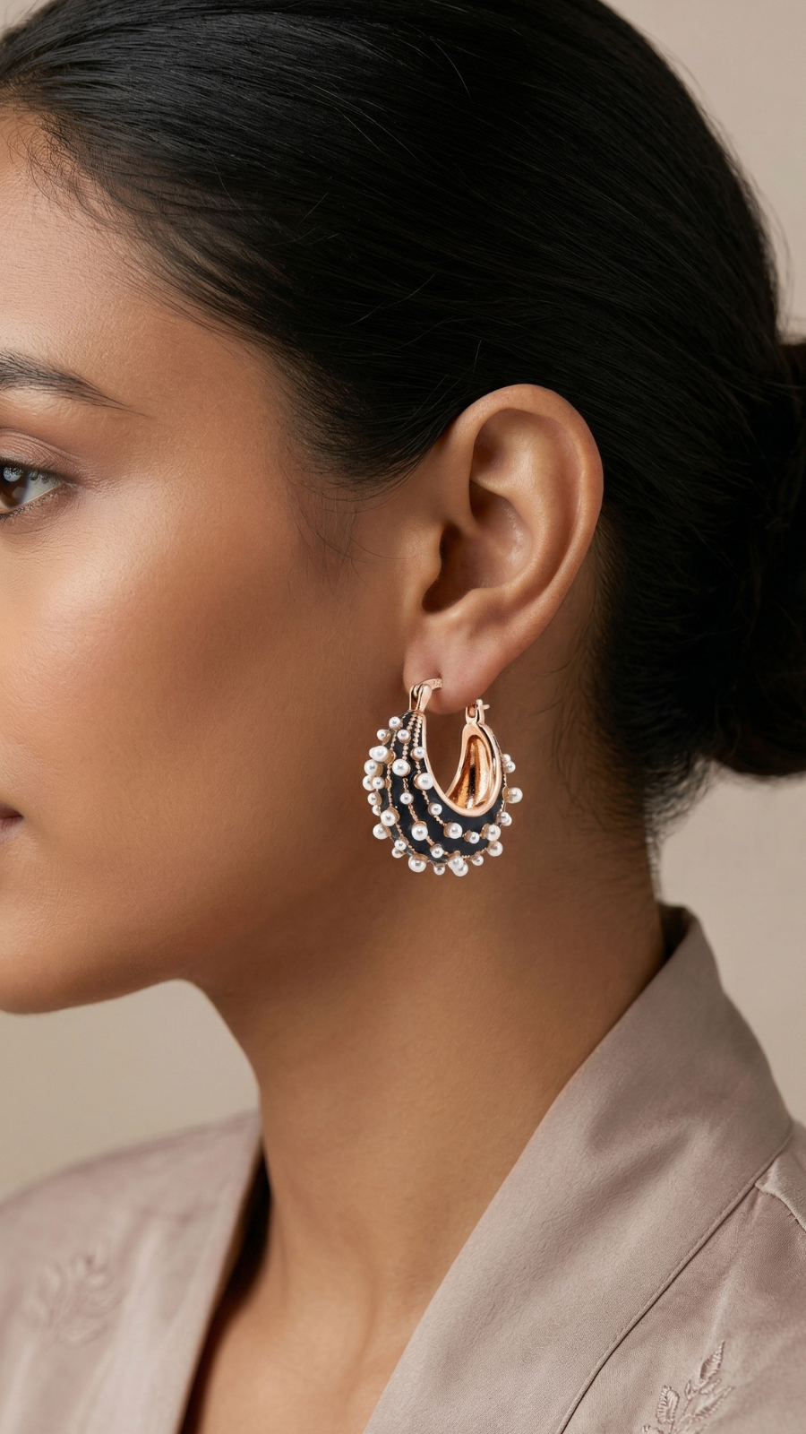 Rose Gold Pearl Studded Hoops