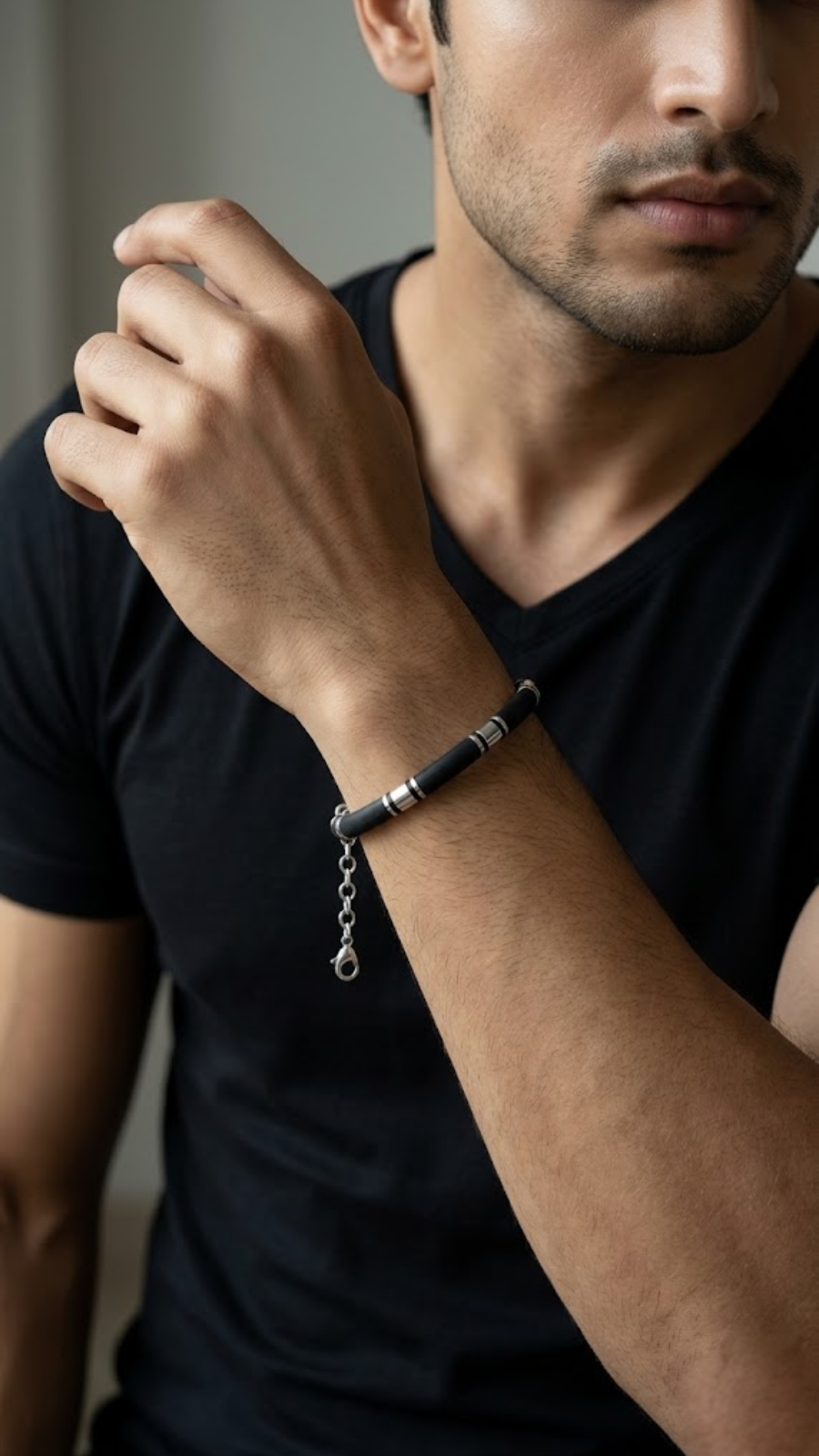 Black Silicon Bracelet with Silver Accents