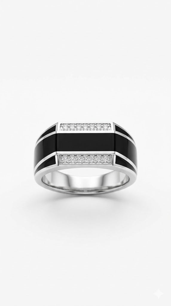 AJB Silver Arte  Black Enamel Silver Ring for Boys