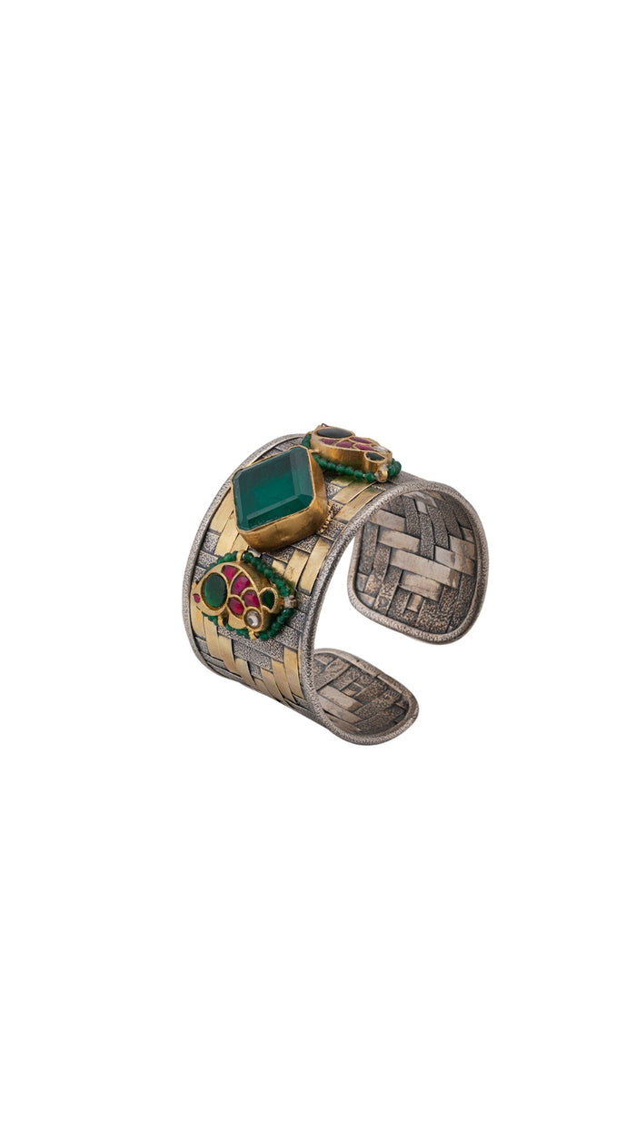 Two-Tone Emerald & Ruby 925 Silver Cuff