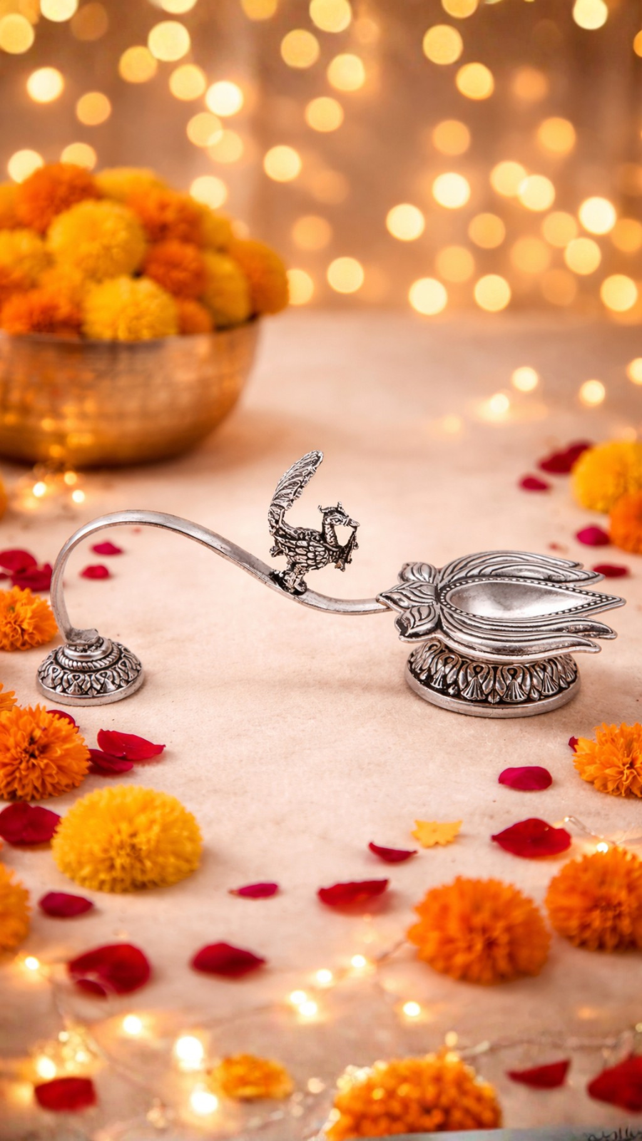 Ornate Peacock Silver Diya