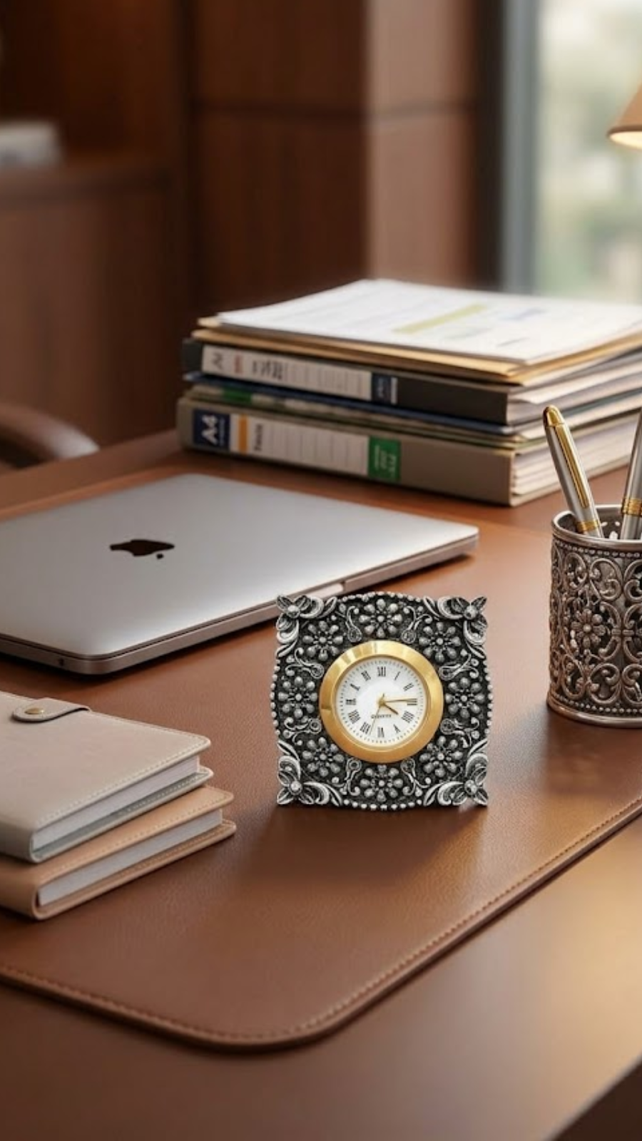 Ornate Floral Silver Desk Clock