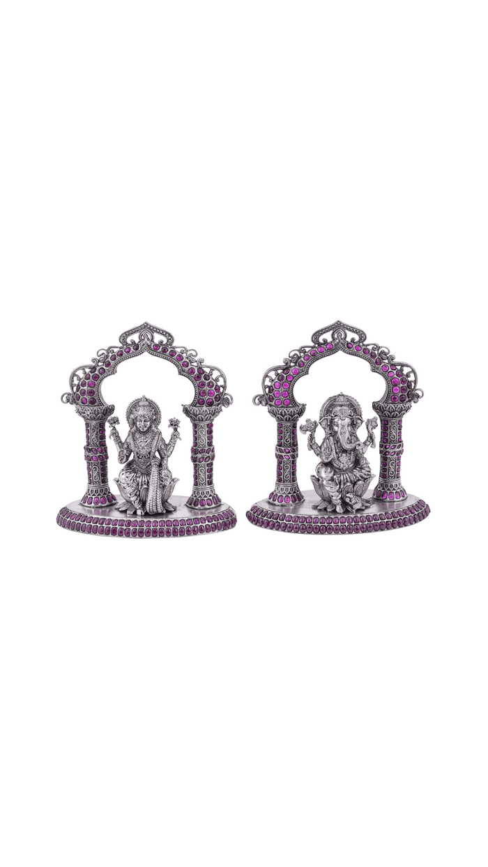 925 Silver Lakshmi Ganesha Set with Ruby Accents