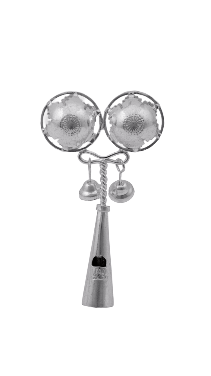 925 Silver Traditional Baby Rattle with Whistle