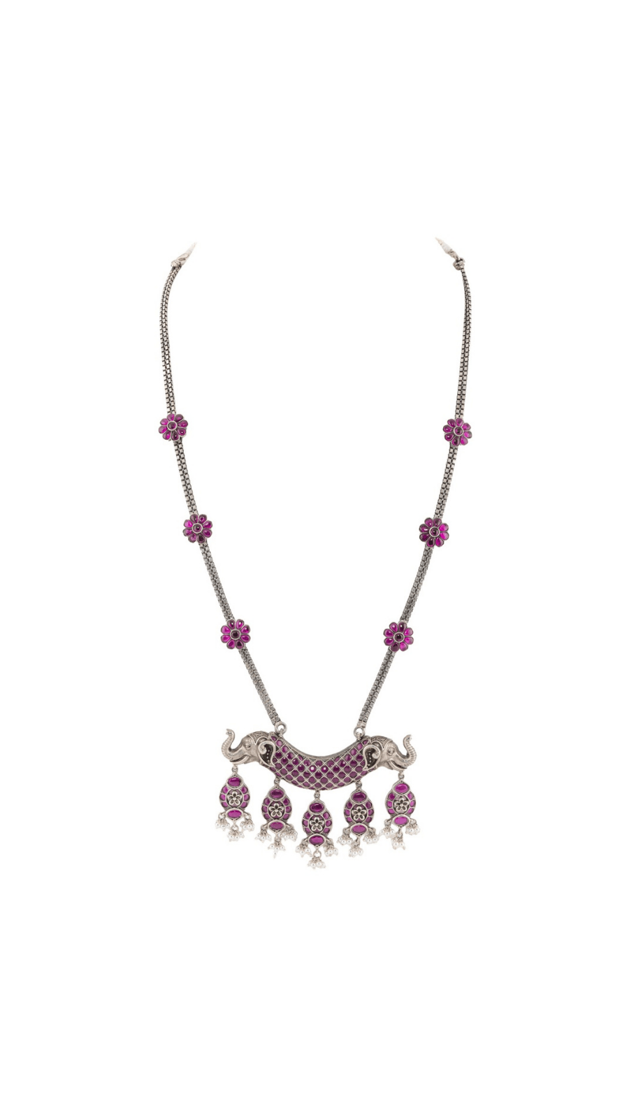 Oxidized Silver Elephant Motif Long Necklace